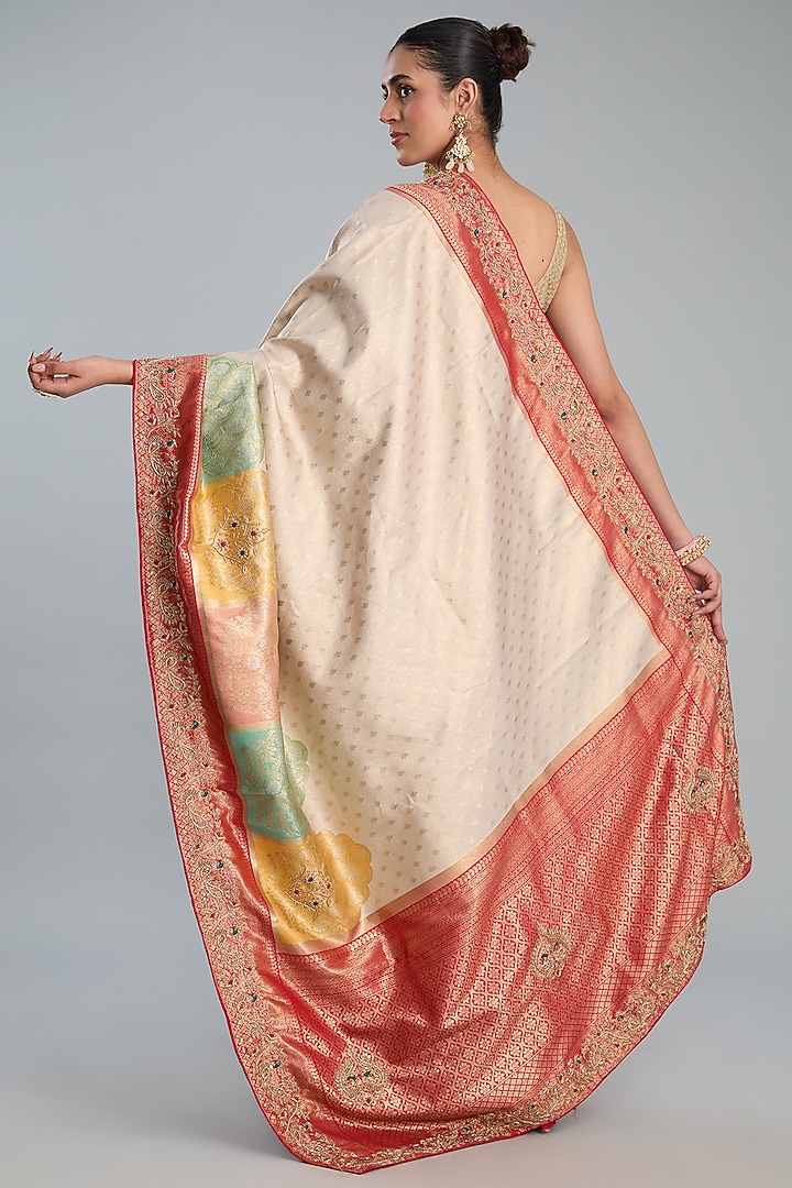 Beige Vegan Silk Weave Embroidered Wedding Saree Set by TYAASHU at Pernia's Pop Up Shop