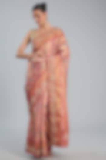 Pink Vegan Silk Floral Printed & Weave Embroidered Saree Set by TYAASHU
