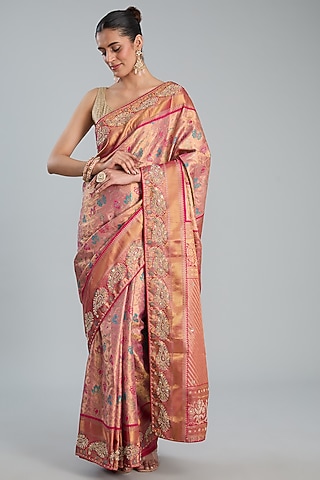 Pink Vegan Silk Floral Printed & Weave Embroidered Saree Set by TYAASHU