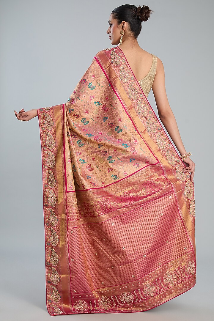 Pink Vegan Silk Floral Printed & Weave Embroidered Party Wear Saree Set by TYAASHU at Pernia's Pop Up Shop