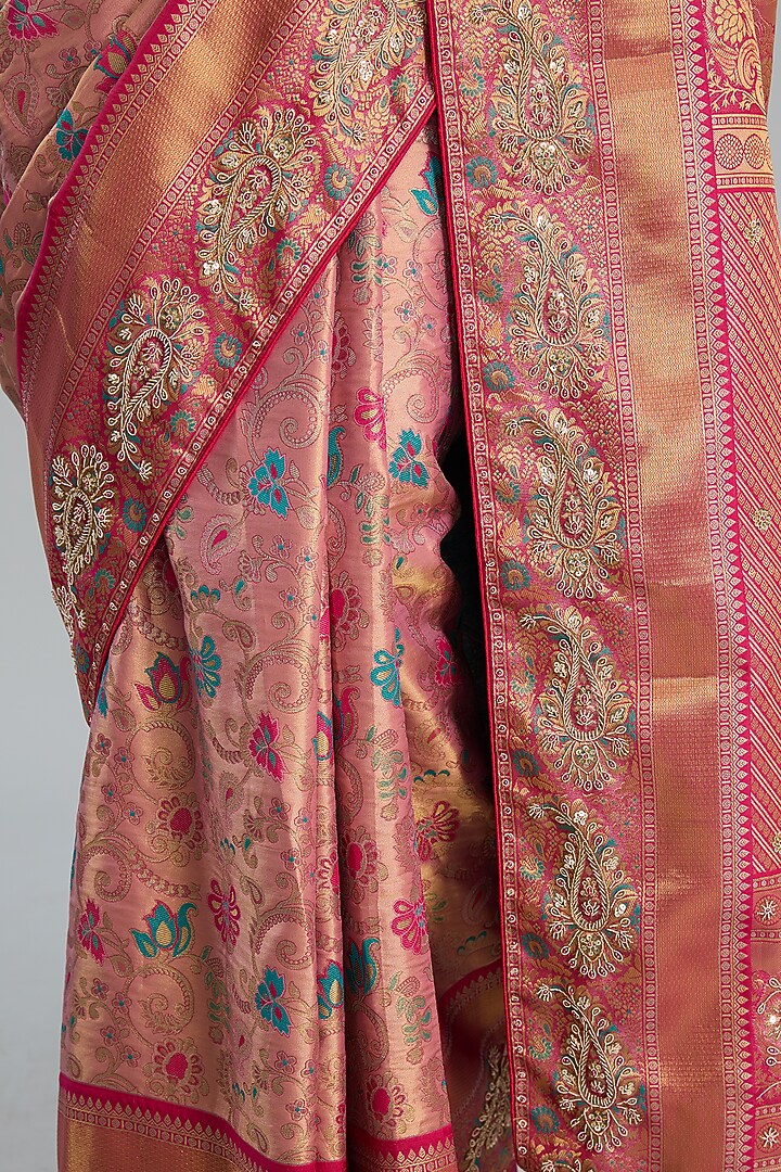 Pink Vegan Silk Floral Printed & Weave Embroidered Party Wear Saree Set by TYAASHU at Pernia's Pop Up Shop