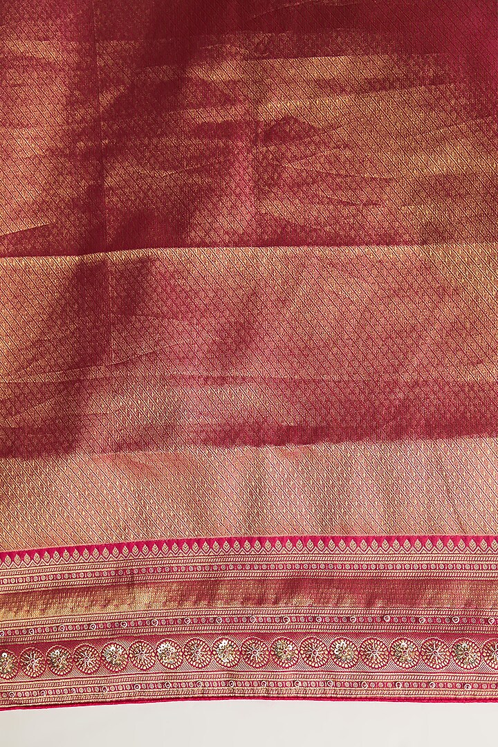 Pink Vegan Silk Floral Printed & Weave Embroidered Party Wear Saree Set by TYAASHU at Pernia's Pop Up Shop