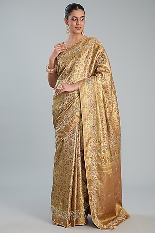 Green Vegan Silk Floral Printed & Weave Embroidered Saree Set by TYAASHU