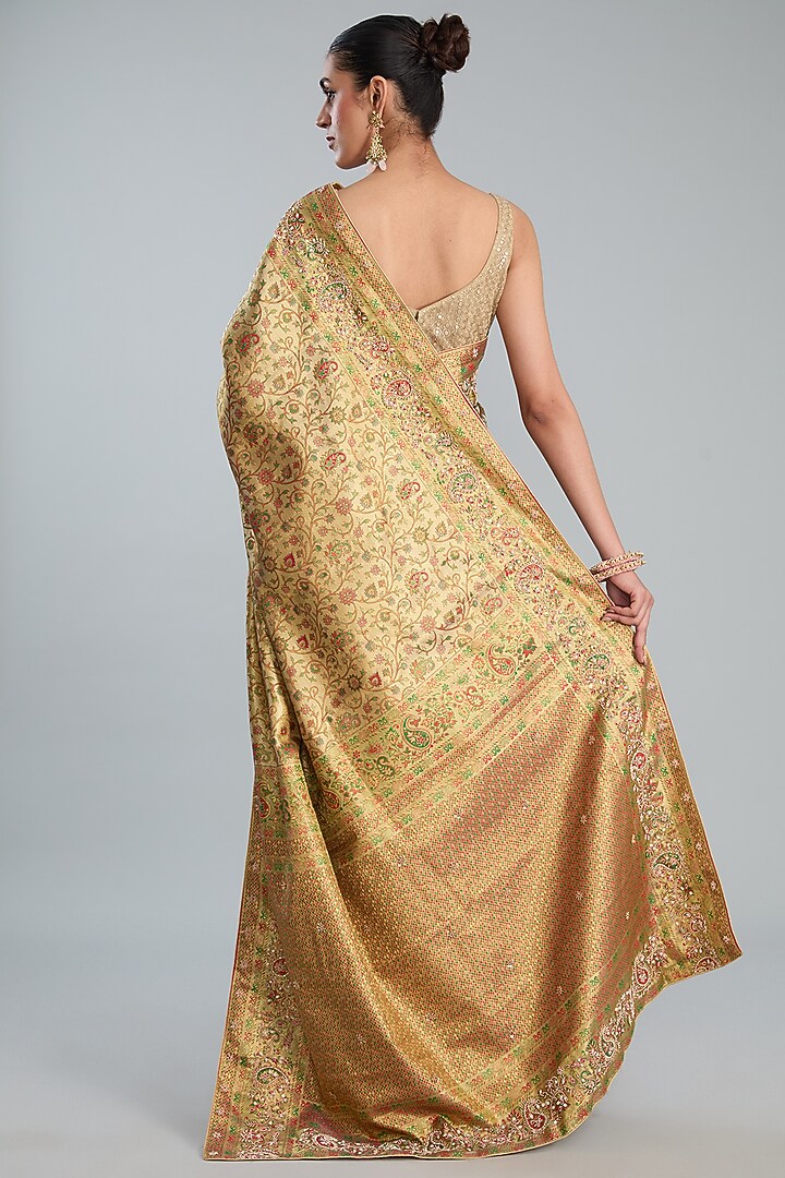 Green Vegan Silk Floral Printed & Weave Embroidered Party Wear Saree Set by TYAASHU at Pernia's Pop Up Shop