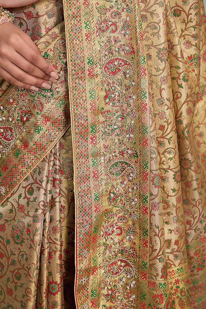 Green Vegan Silk Floral Printed & Weave Embroidered Party Wear Saree Set by TYAASHU at Pernia's Pop Up Shop