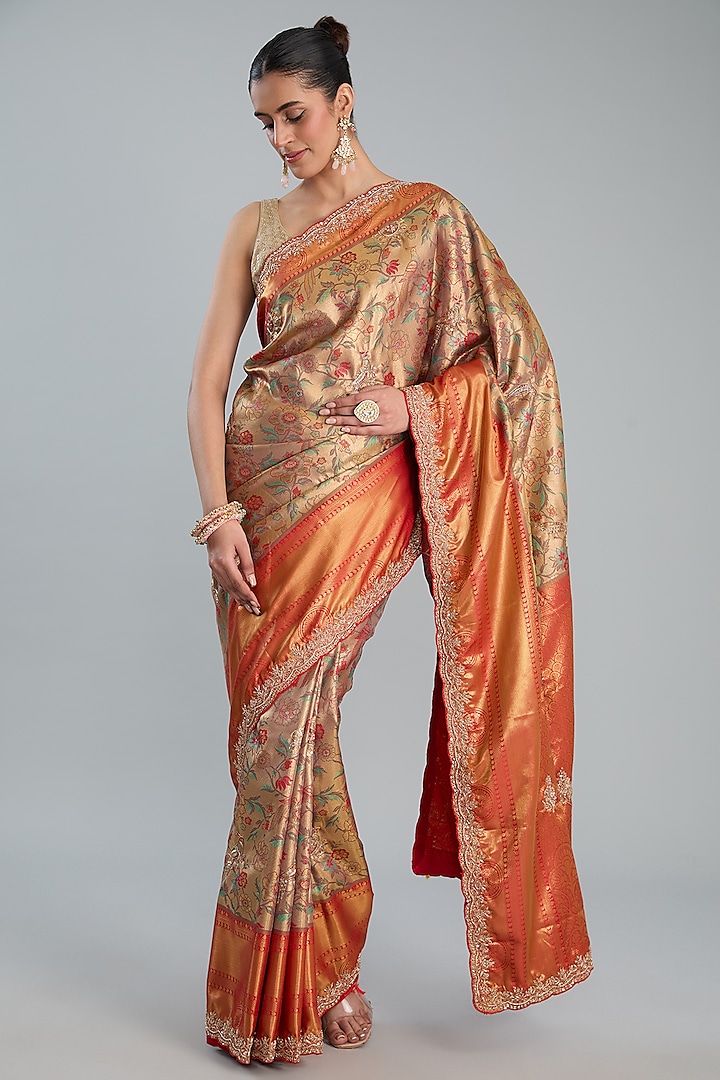 Gold Vegan Silk Floral Printed & Weave Embroidered Saree Set by TYAASHU
