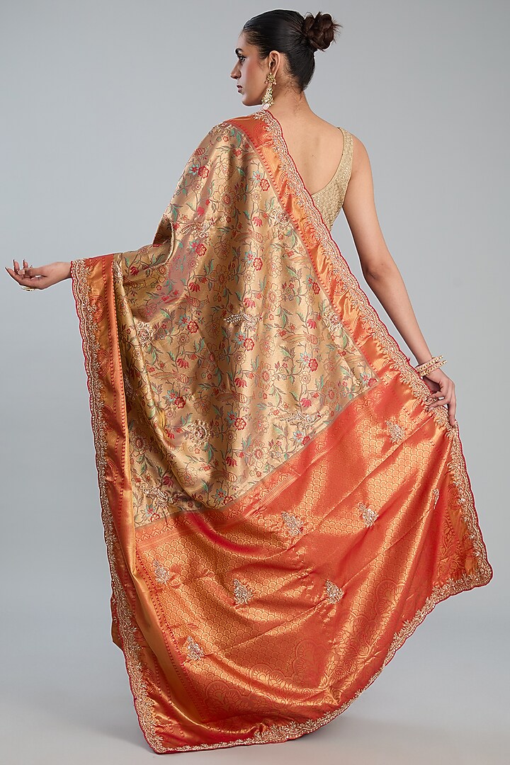 Gold Vegan Silk Floral Printed & Weave Embroidered Party Wear Saree Set by TYAASHU at Pernia's Pop Up Shop
