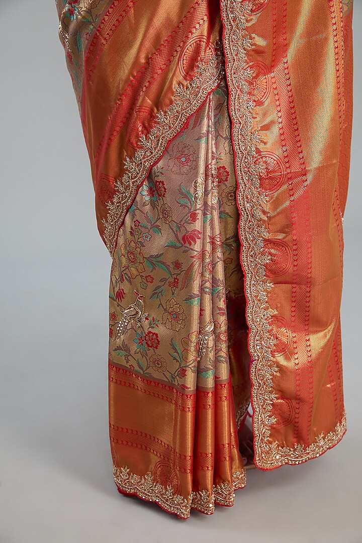 Gold Vegan Silk Floral Printed & Weave Embroidered Party Wear Saree Set by TYAASHU at Pernia's Pop Up Shop