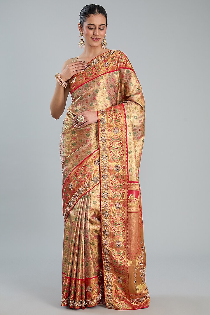 Peach Vegan Silk Floral Printed & Weave Embroidered Saree Set by TYAASHU