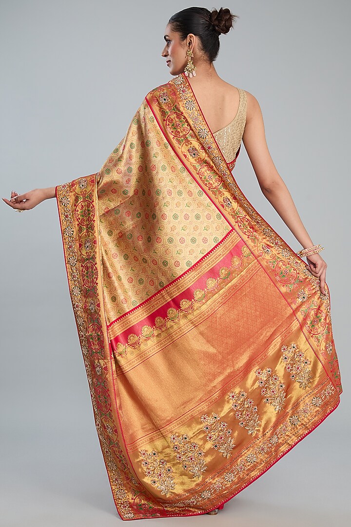 Peach Vegan Silk Floral Printed & Weave Embroidered Wedding Saree Set by TYAASHU at Pernia's Pop Up Shop