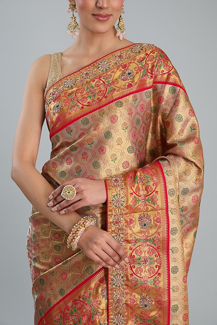 Peach Vegan Silk Floral Printed & Weave Embroidered Wedding Saree Set by TYAASHU at Pernia's Pop Up Shop