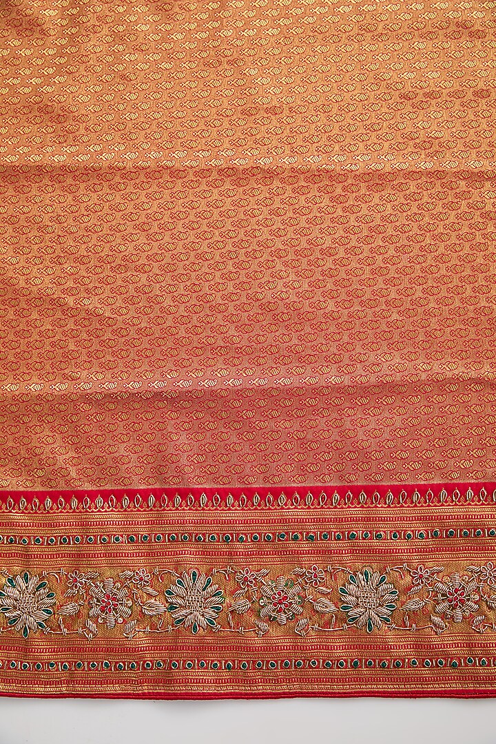 Peach Vegan Silk Floral Printed & Weave Embroidered Wedding Saree Set by TYAASHU at Pernia's Pop Up Shop