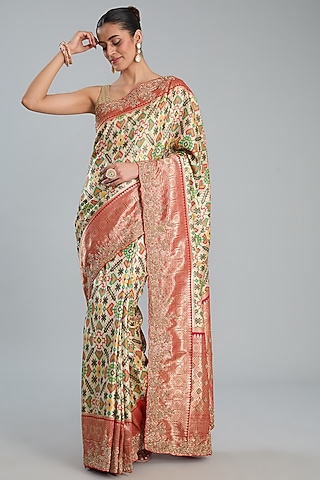 White Vegan Silk Ikat Printed & Weave Embroidered Saree Set by TYAASHU