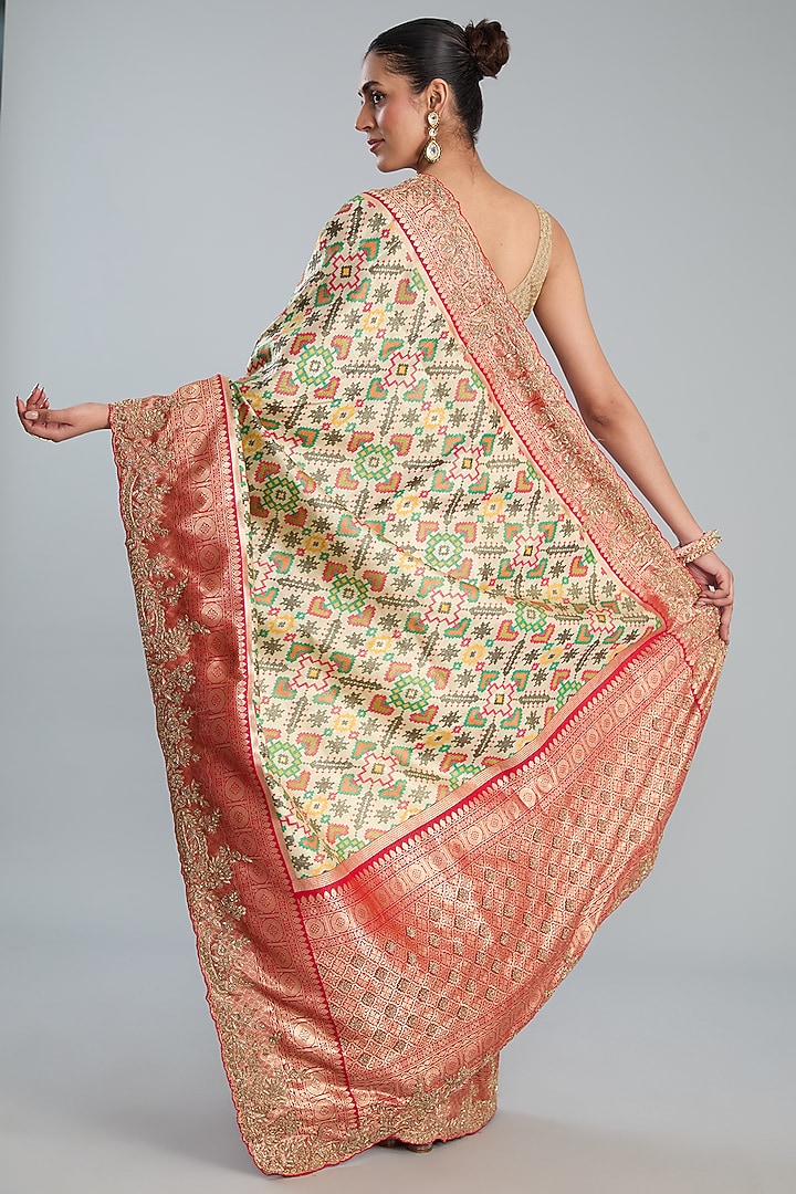 White Vegan Silk Ikat Printed & Weave Embroidered Wedding Saree Set by TYAASHU at Pernia's Pop Up Shop