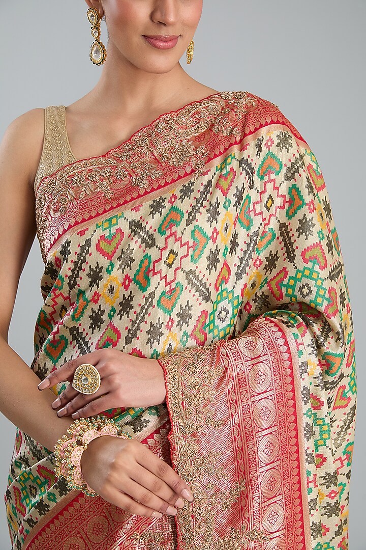 White Vegan Silk Ikat Printed & Weave Embroidered Wedding Saree Set by TYAASHU at Pernia's Pop Up Shop