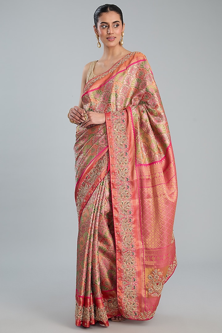 Pink Vegan Silk Weave Embroidered Saree Set by TYAASHU