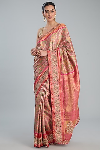 Pink Vegan Silk Weave Embroidered Saree Set by TYAASHU