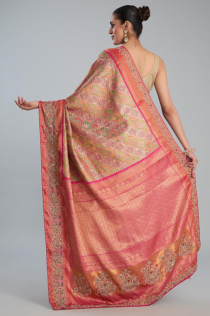 Pink Vegan Silk Weave Embroidered Wedding Saree Set by TYAASHU at Pernia's Pop Up Shop