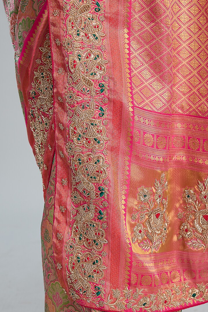 Pink Vegan Silk Weave Embroidered Wedding Saree Set by TYAASHU at Pernia's Pop Up Shop