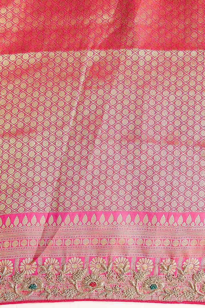 Pink Vegan Silk Weave Embroidered Wedding Saree Set by TYAASHU at Pernia's Pop Up Shop