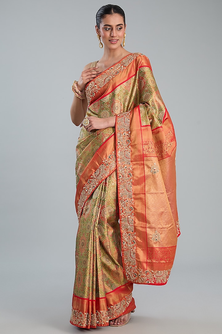 Multi-Colored Vegan Silk Weave Embroidered Saree Set by TYAASHU