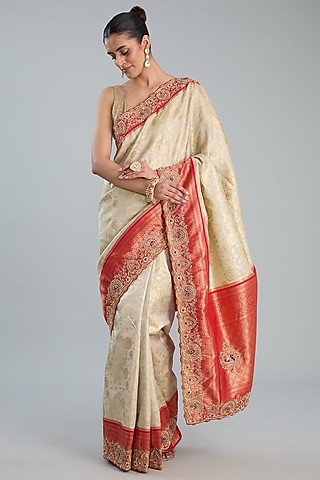 Beige Vegan Silk Weave Embroidered Saree Set by TYAASHU