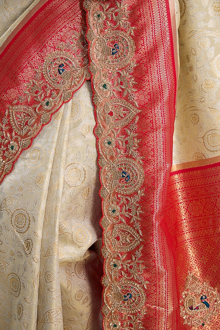Beige Vegan Silk Weave Embroidered Wedding Saree Set by TYAASHU at Pernia's Pop Up Shop
