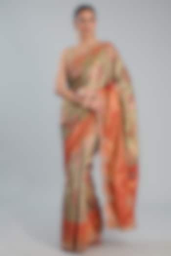 Green Vegan Silk Weave Embroidered Saree Set by TYAASHU