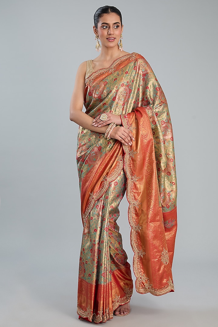 Green Vegan Silk Weave Embroidered Saree Set by TYAASHU