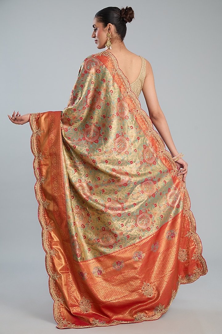 Green Vegan Silk Weave Embroidered Party Wear Saree Set by TYAASHU at Pernia's Pop Up Shop