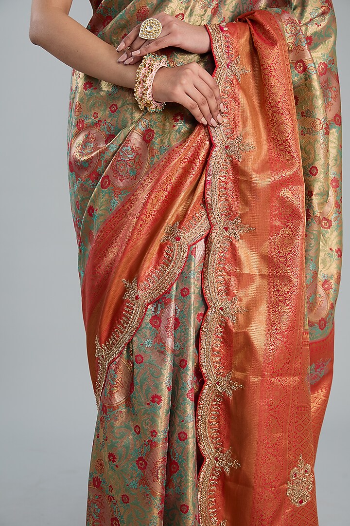 Green Vegan Silk Weave Embroidered Party Wear Saree Set by TYAASHU at Pernia's Pop Up Shop