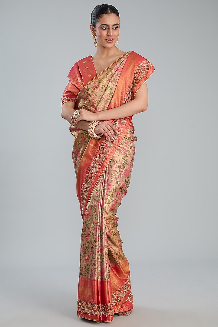 Peach Vegan Silk Weave Embroidered Saree Set by TYAASHU