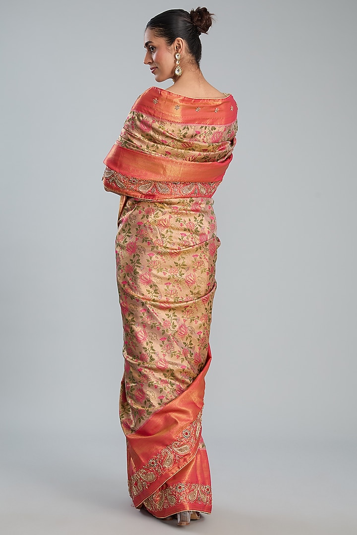 Peach Vegan Silk Weave Embroidered Party Wear Saree Set by TYAASHU at Pernia's Pop Up Shop