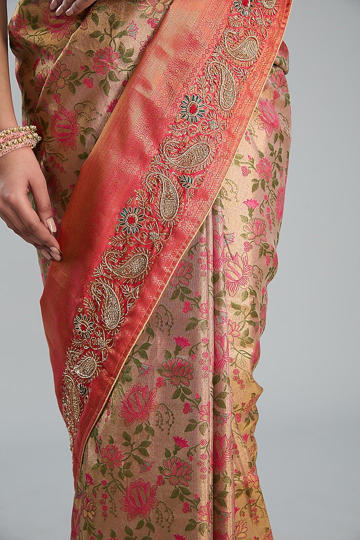 Peach Vegan Silk Weave Embroidered Party Wear Saree Set by TYAASHU at Pernia's Pop Up Shop
