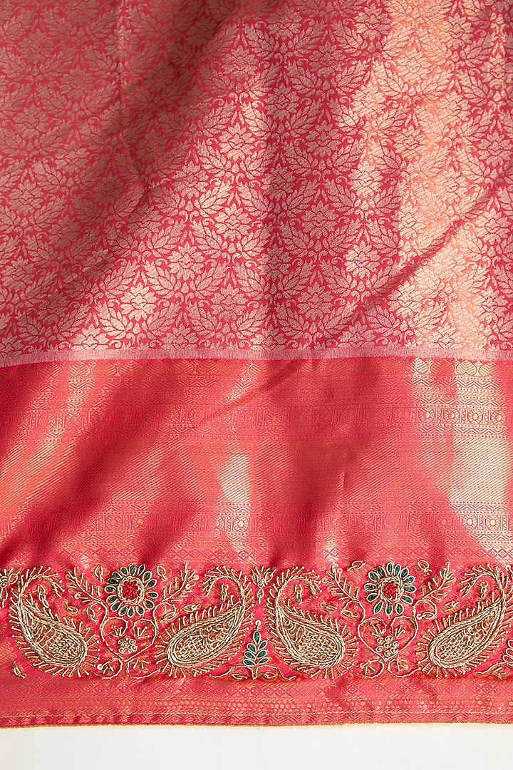 Peach Vegan Silk Weave Embroidered Party Wear Saree Set by TYAASHU at Pernia's Pop Up Shop
