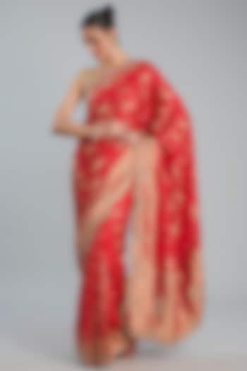 Red Satin Crepe Weave Embroidered Saree Set by TYAASHU