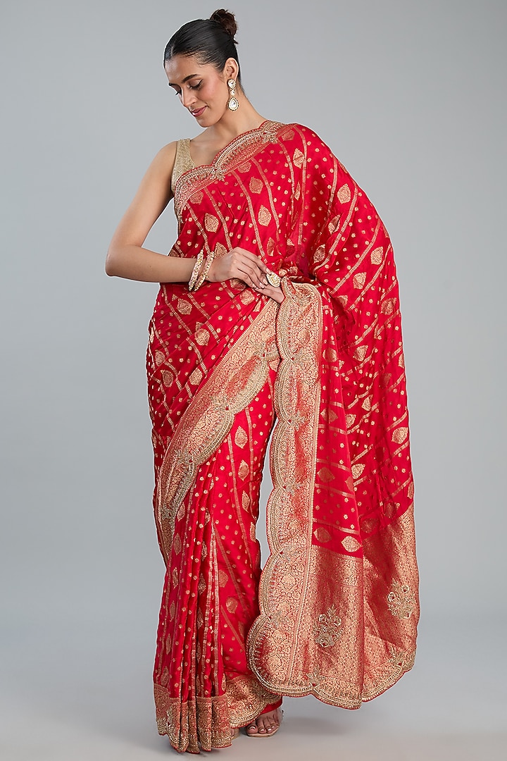 Red Satin Crepe Weave Embroidered Saree Set by TYAASHU