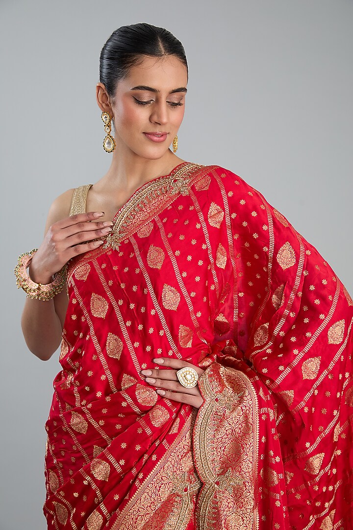 Red Satin Crepe Weave Embroidered Party Wear Saree Set by TYAASHU at Pernia's Pop Up Shop