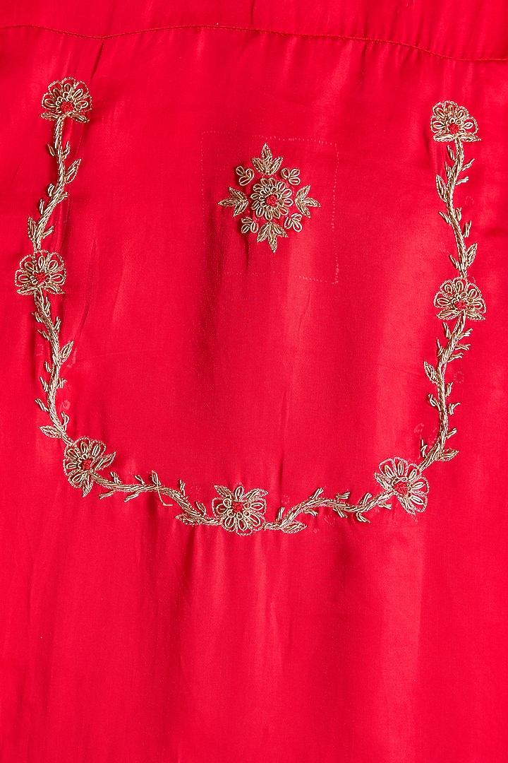 Red Satin Crepe Weave Embroidered Party Wear Saree Set by TYAASHU at Pernia's Pop Up Shop