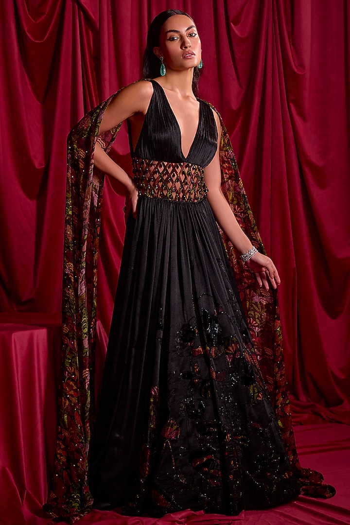 Black Satin Chiffon Patchwork Floral Printed Wedding Anarkali With Attached Dupatta by TYOHAR at Pernia's Pop Up Shop