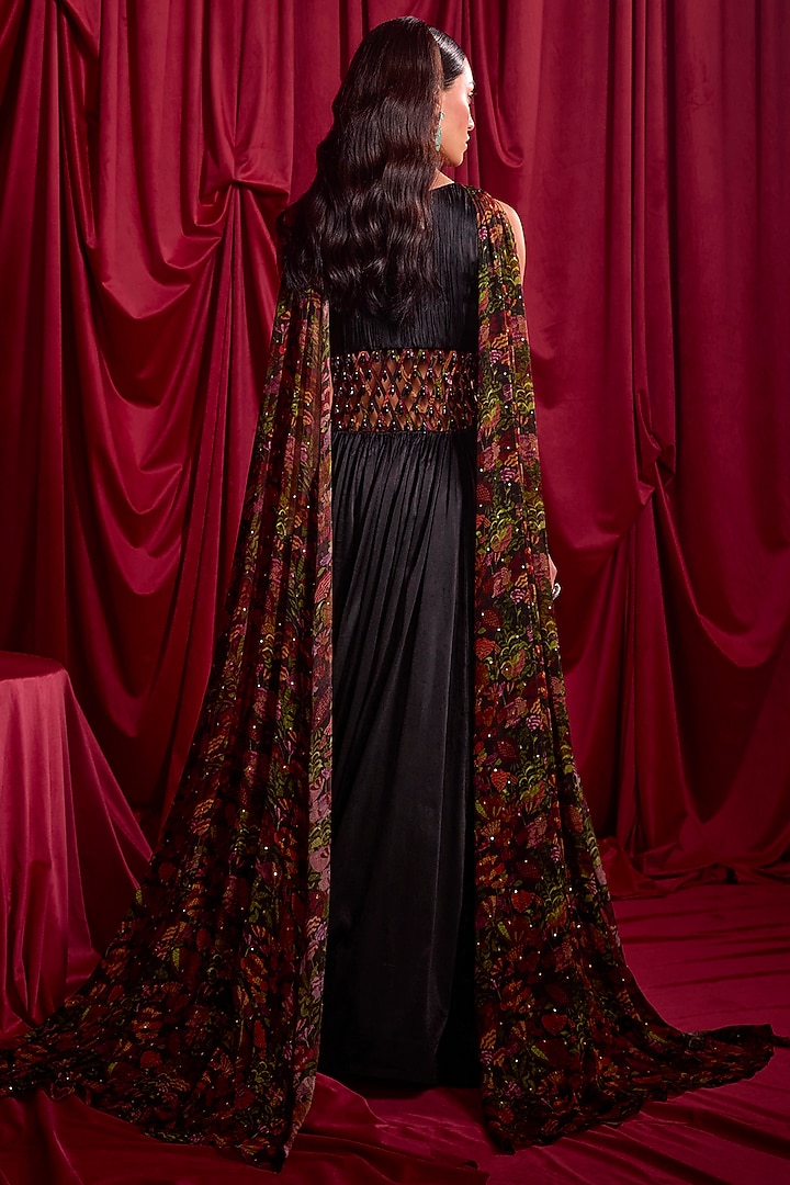 Black Satin Chiffon Patchwork Floral Printed Wedding Anarkali With Attached Dupatta by TYOHAR at Pernia's Pop Up Shop