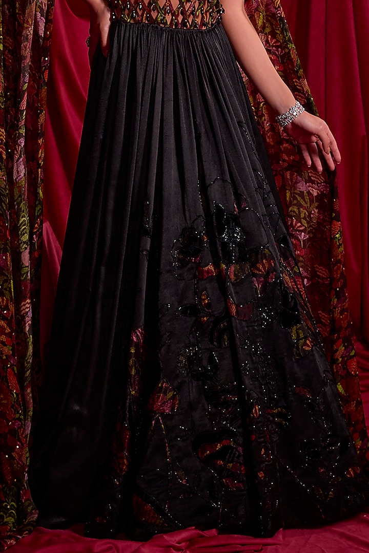 Black Satin Chiffon Patchwork Floral Printed Wedding Anarkali With Attached Dupatta by TYOHAR at Pernia's Pop Up Shop