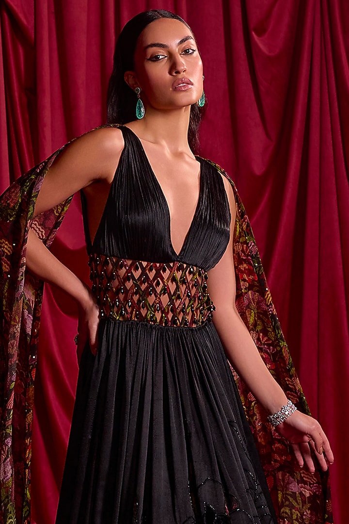 Black Satin Chiffon Patchwork Floral Printed Wedding Anarkali With Attached Dupatta by TYOHAR at Pernia's Pop Up Shop