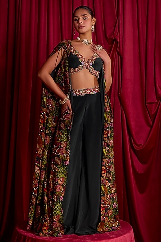 Green Pure Crepe Floral Printed Jacket Set by TYOHAR