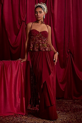 Red Pure Crepe Skirt Set by TYOHAR