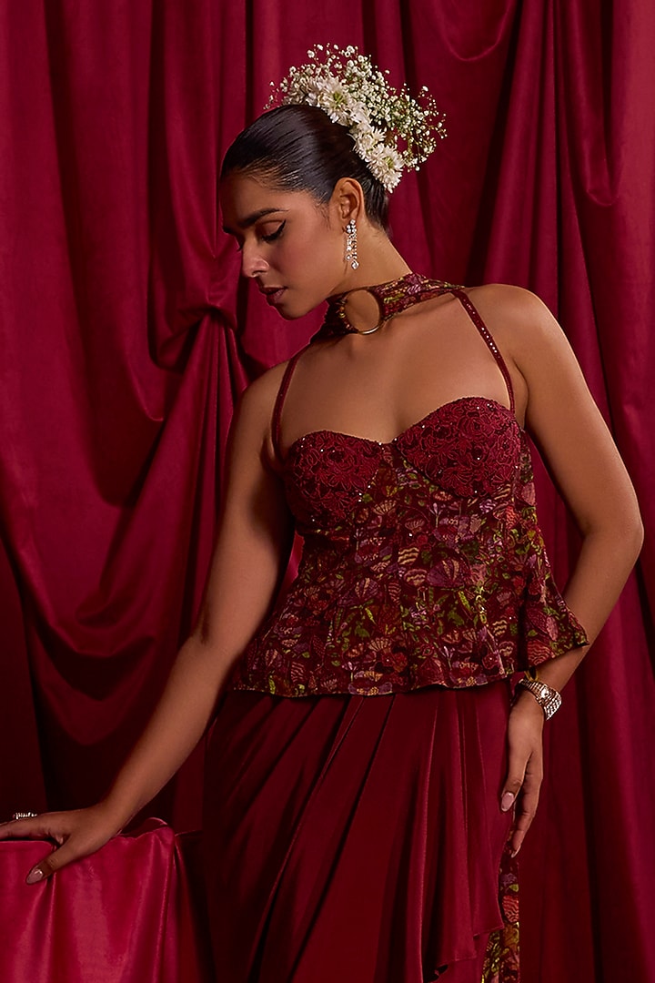 Red Pure Crepe Skirt Set by TYOHAR at Pernia's Pop Up Shop