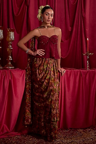 Maroon Pure Crepe Floral Printed Skirt Set by TYOHAR