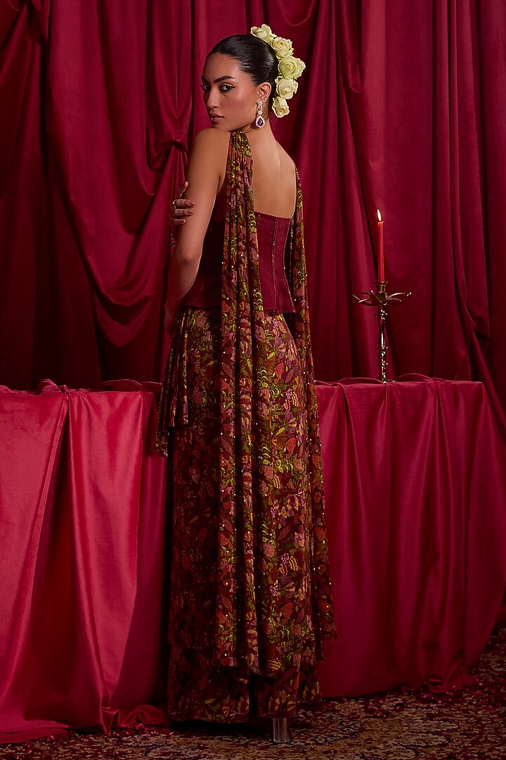 Maroon Pure Crepe Floral Printed Skirt Set by TYOHAR at Pernia's Pop Up Shop