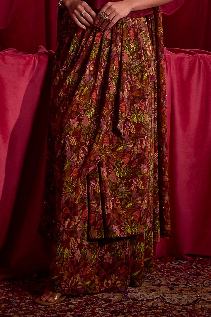 Maroon Pure Crepe Floral Printed Skirt Set by TYOHAR at Pernia's Pop Up Shop