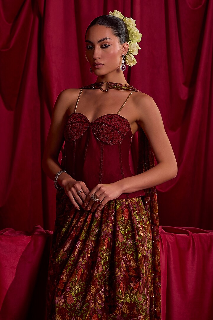 Maroon Pure Crepe Floral Printed Skirt Set by TYOHAR at Pernia's Pop Up Shop